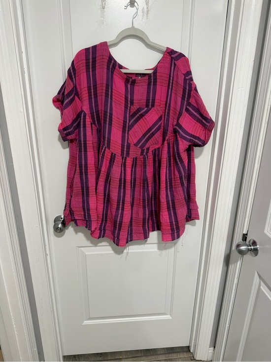 We The Free Tops - We The Free Hot Pink and Purple Plaid Peplum Top